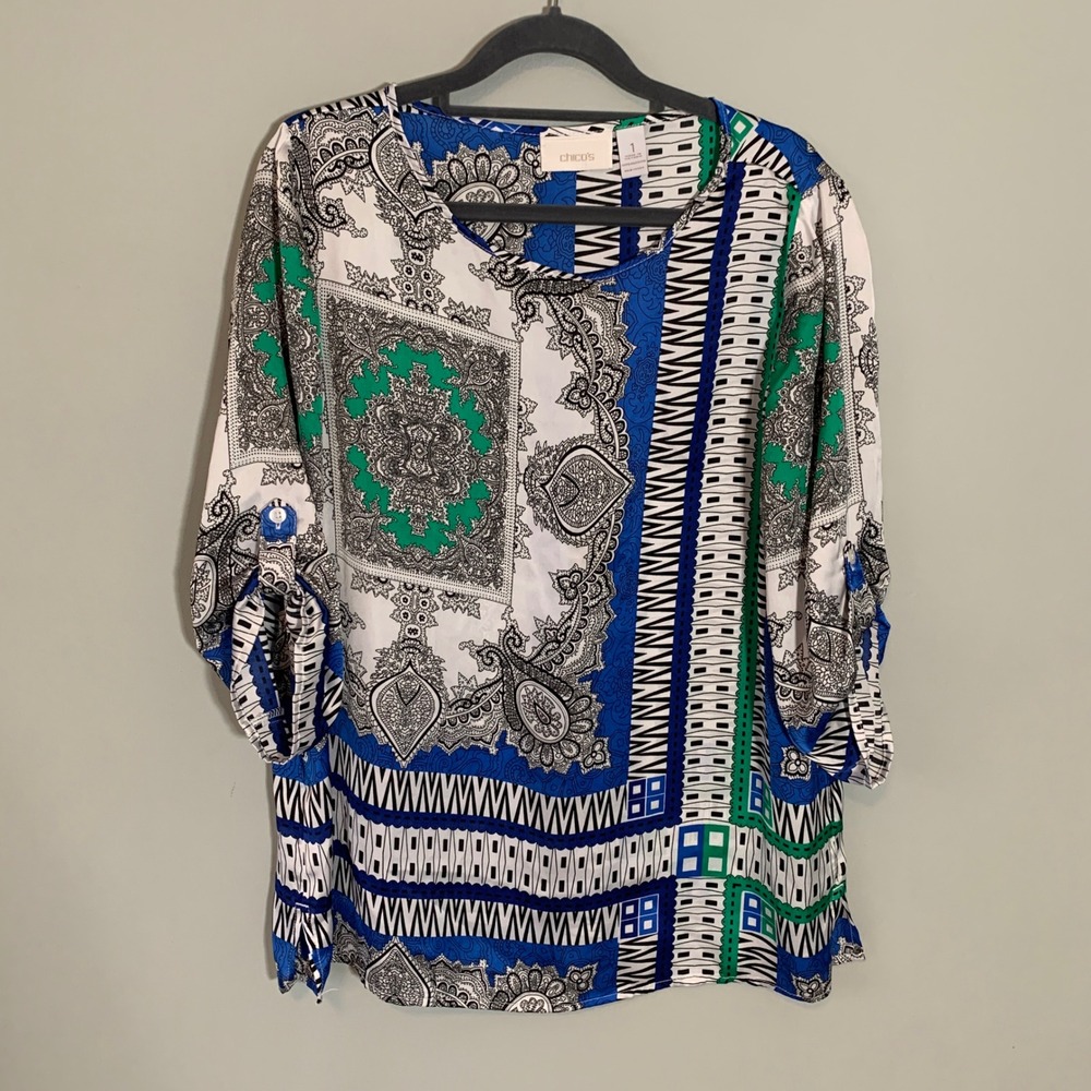 Chicos Size 1 Medium Paisley Print Tunic Top Roll Tab‎ Sleeve Blue Green White